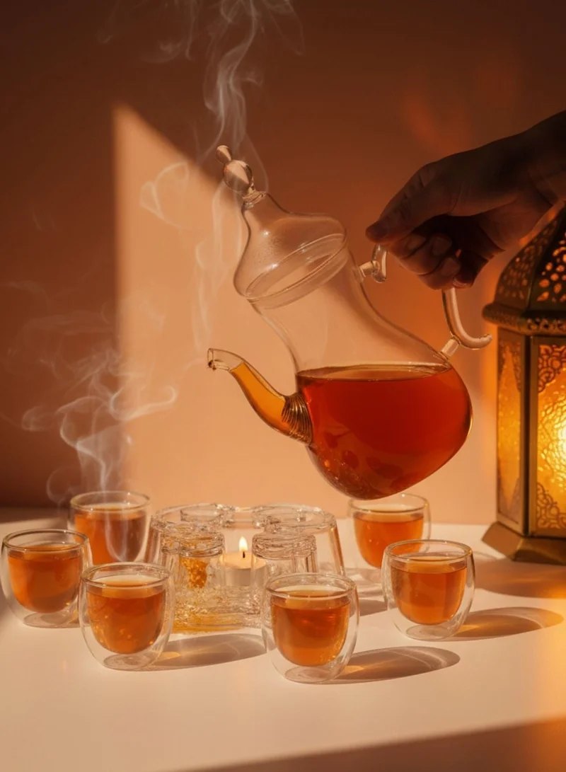1Chase  Arabic Tea Set – 1000ml Borosilicate Glass Teapot with Heart-Shaped Warmer & 6Pc 80ml Tea Cups – Heat-Resistant, Elegant Present for Ramadan & Special Occasions  | Best Price UAE